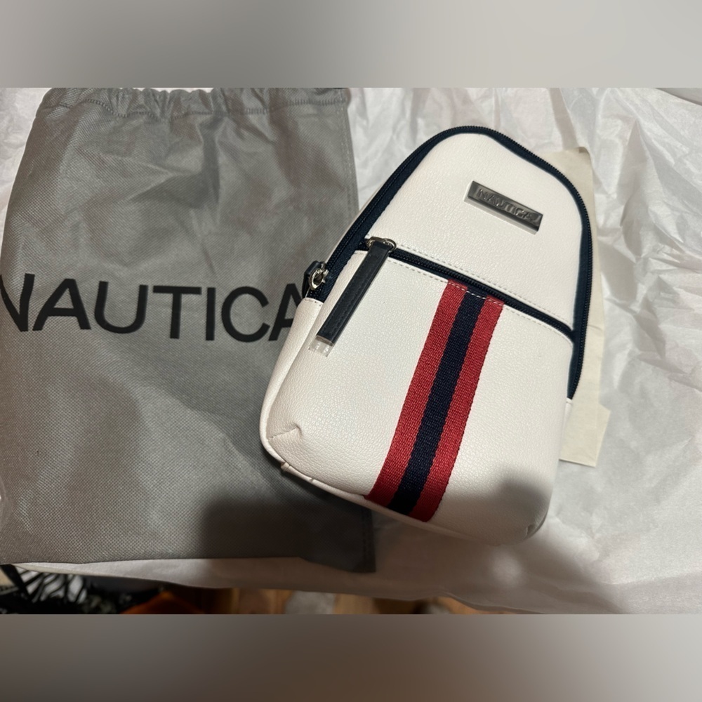 Nautica White Belt Bag with Red and Blue Stripes